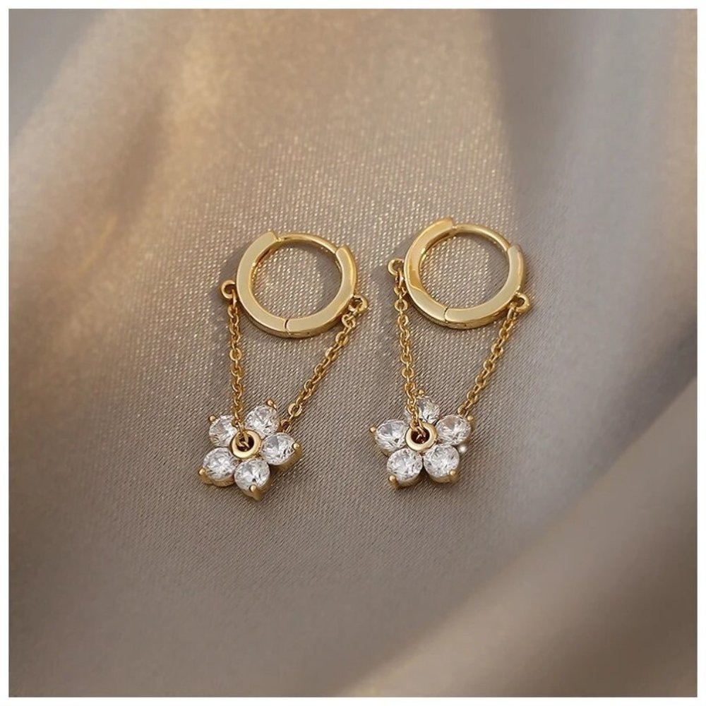 INS Style Fashion Ring Earrings Chain Zircon Flower Pendant Earrings - Picture 3 of 4